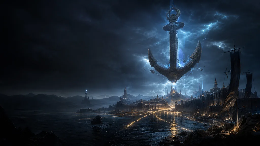 The storm-lit coast and suspended Anchor monolith of LYXON ECHO